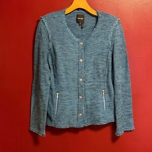 Nic+Zoe Fringe-Trimmed Marled Knit Sweater Jacket Size M Blue Tweed